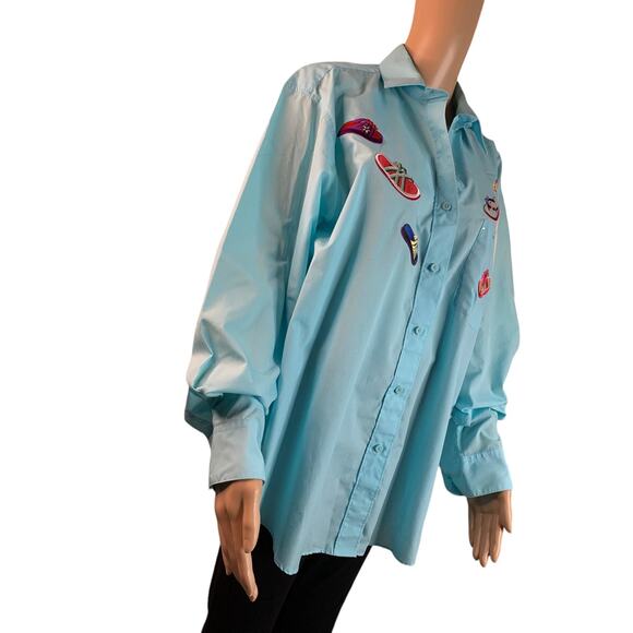 Las Olas Women's Large Shirt Embroidered Flip Flops Studded Detail Button Down - Picture 4 of 11